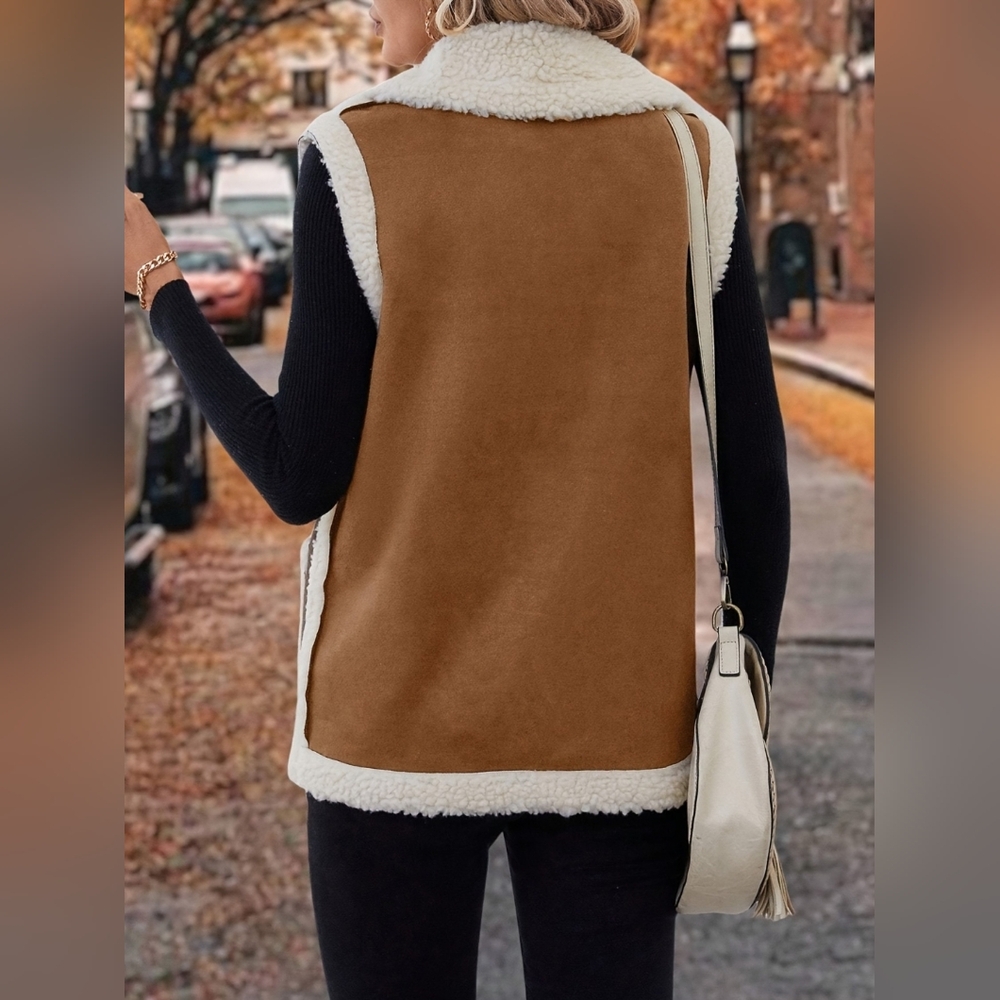 Women's Brown and Cream Sherpa Vest - Picture 6 of 9